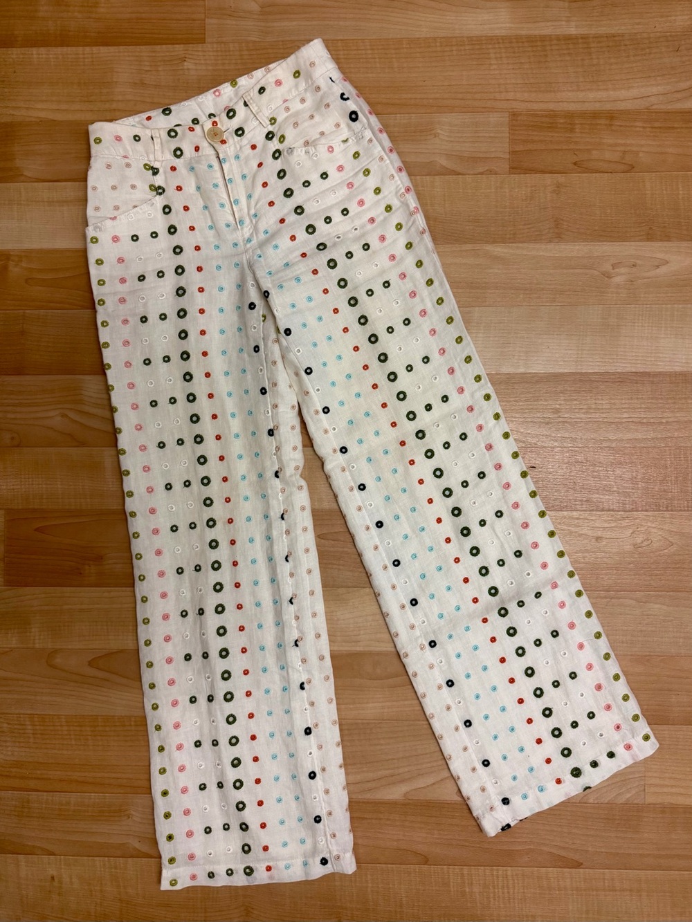 Anthropologie White Linen Eyelet Wide Leg Pants Multicolor Embroidered XS